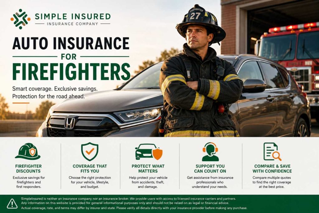 Firefighter standing beside a red sedan with auto insurance coverage highlights and discount features for firefighters.