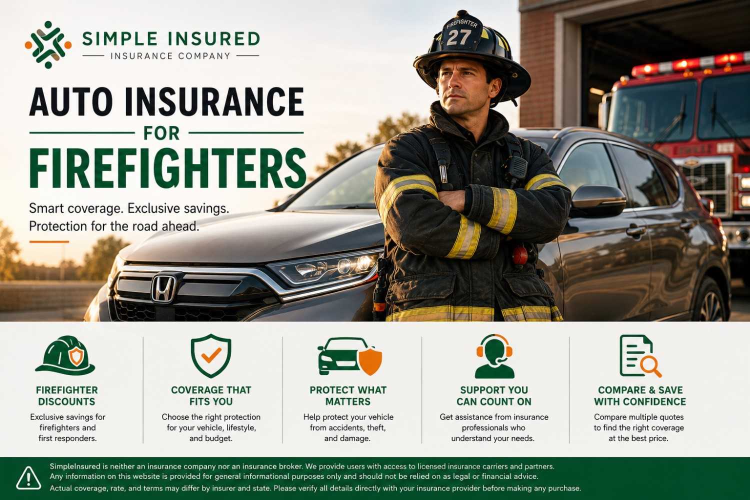 Firefighter standing beside a red sedan with auto insurance coverage highlights and discount features for firefighters.
