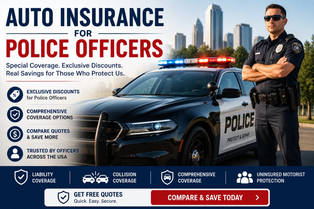 Auto insurance for police officers with a police patrol car showing coverage options and available insurance discounts