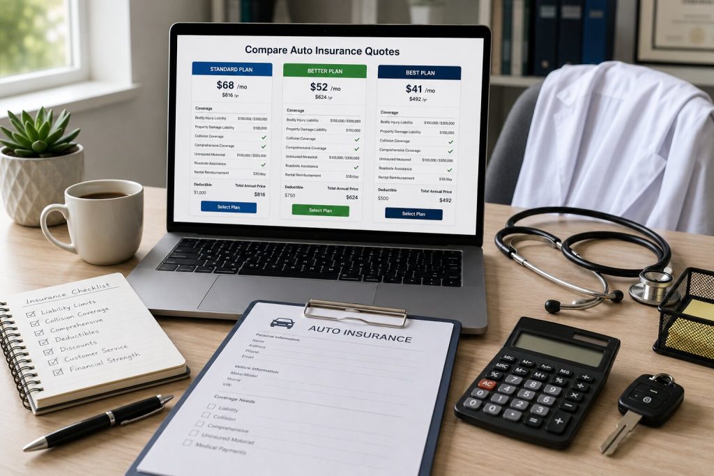Doctor comparing auto insurance quotes on a laptop with coverage checklist and insurance documents