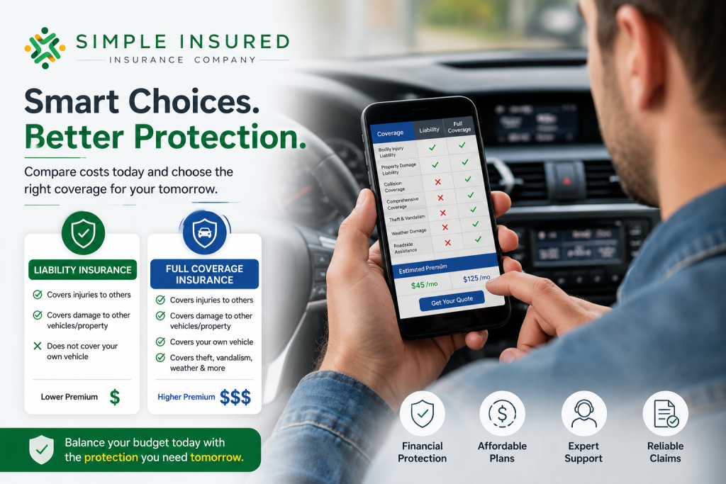Driver comparing full coverage and liability car insurance quotes on a smartphone with Simple Insured.