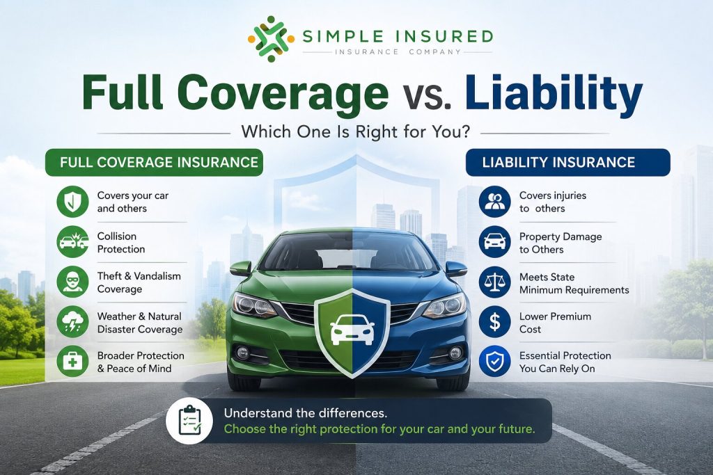 Full Coverage vs. Liability Car Insurance comparison showing the differences between auto insurance coverage options.