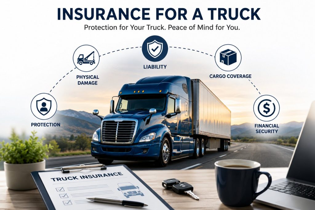 Truck insurance coverage illustration featuring a commercial semi-truck with icons representing liability insurance, cargo coverage, physical damage protection, and financial security.