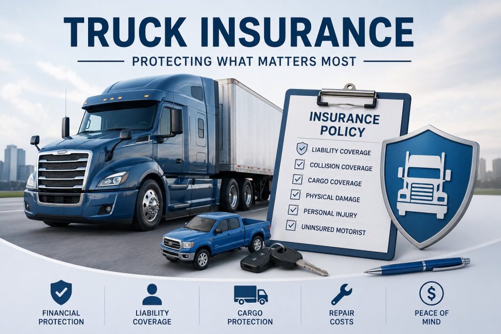 Insurance for a truck illustration showing a pickup truck and semi-truck with truck insurance coverage, commercial truck insurance, and truck insurance quotes.