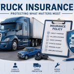 Insurance for a truck illustration showing a pickup truck and semi-truck with truck insurance coverage, commercial truck insurance, and truck insurance quotes.