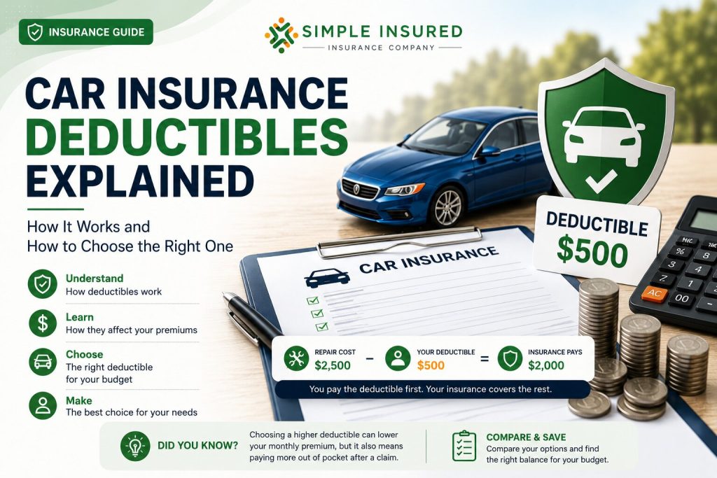 Car insurance deductibles explained infographic showing a $500 deductible example, insurance policy, calculator, car, and shield to explain how deductibles work.