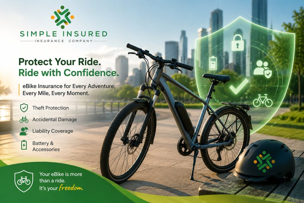Electric bike with digital protection shield representing comprehensive eBike insurance coverage.