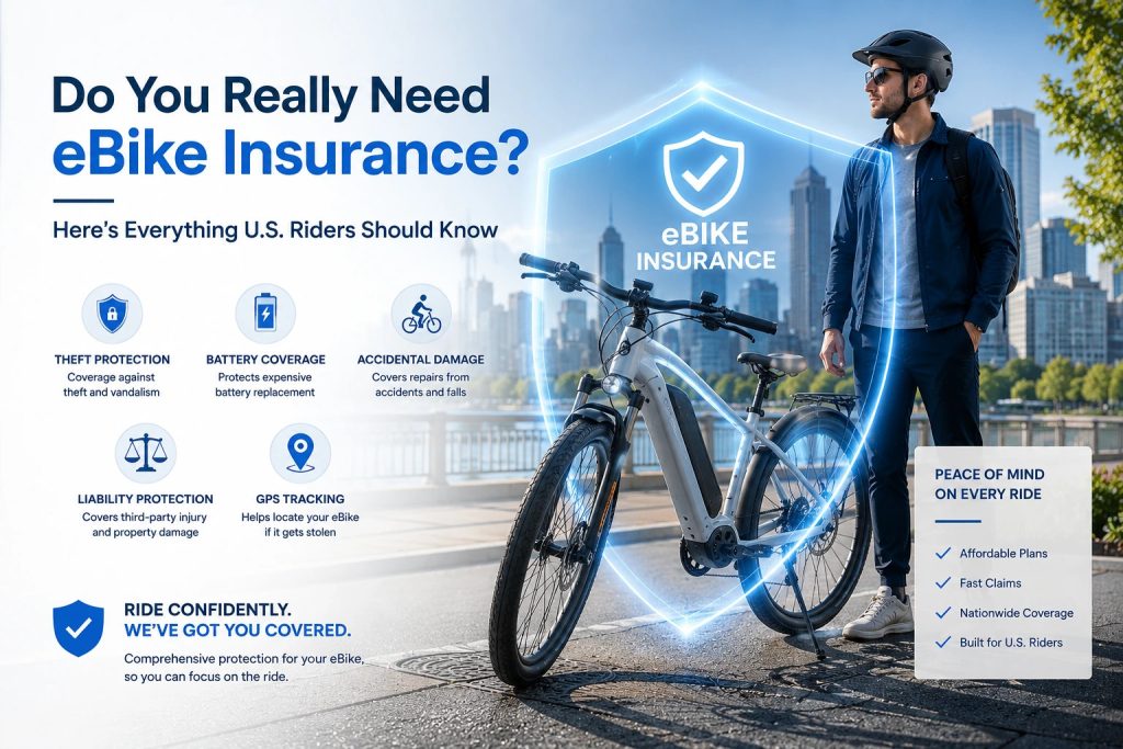 eBike insurance coverage usa illustration showing theft protection, battery coverage, accidental damage, liability insurance, and GPS tracking for electric bikes.